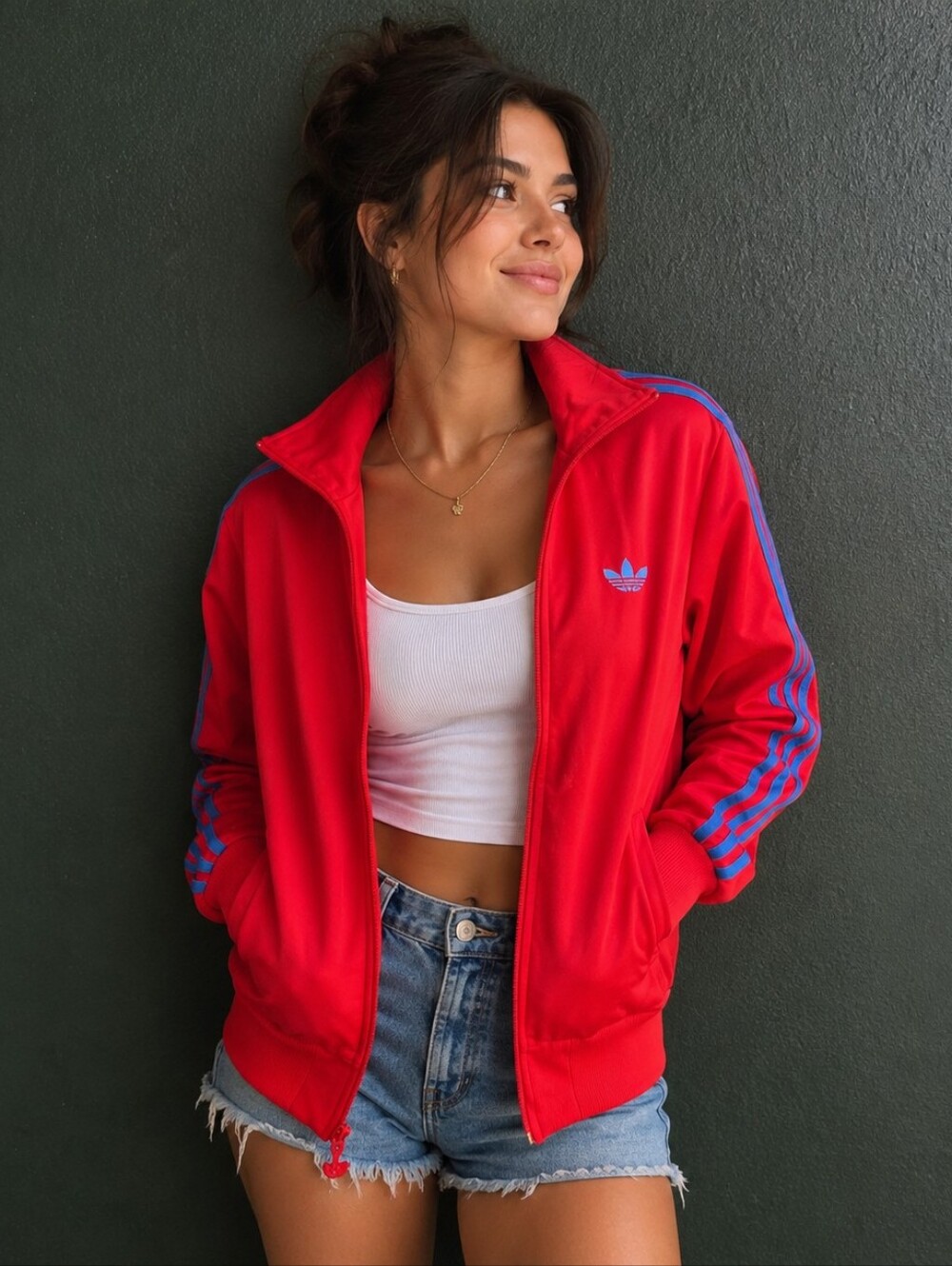 Adidas Firebird Red Track Jacket with Blue Stripe Accents SZ S